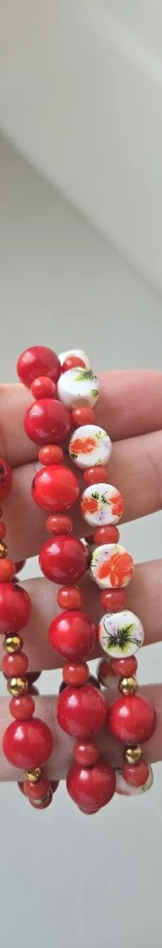 Handmade SemiPrecious Coral Stone And Vintage Ceramic Bead Stretch Bracelet Trio